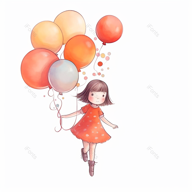 红色裙子一个女孩小孩慢慢走来欢乐右手拿起气球飘起来纯洁可爱插画,插画/手绘图,插画/手绘图库,插画/手绘图下载,插画/手绘